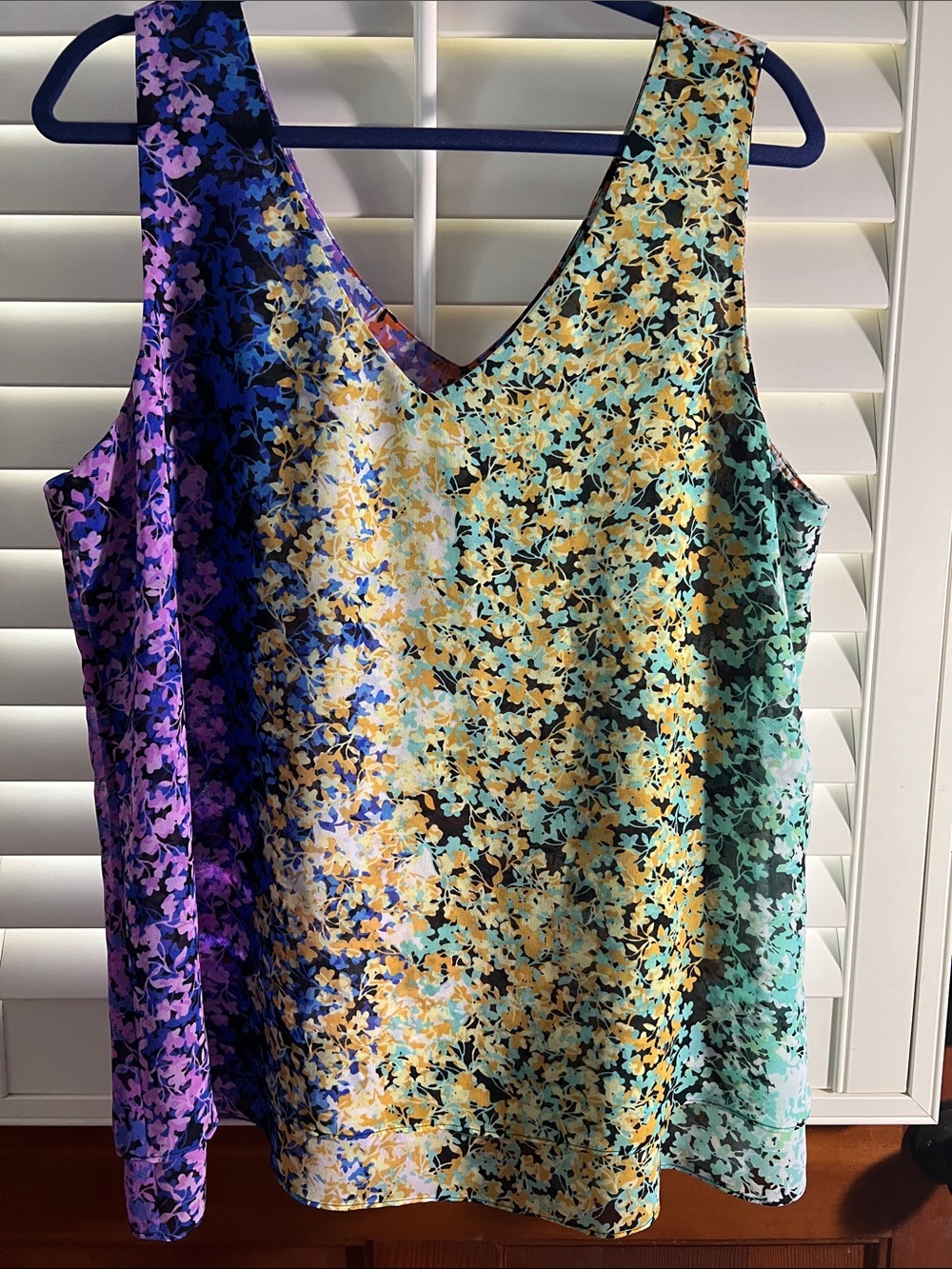 CAbi Merry Go Round V-Neck Tank — Purple, Blue, Yellow, Mint - size XL